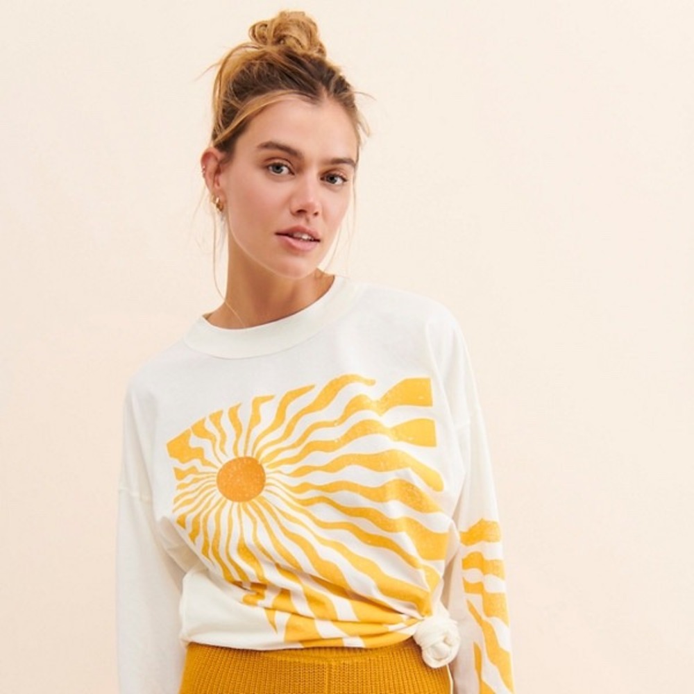 Midnight Rider x Free People Women 100% Cotton Sun Rays Graphic Tee M Ivory